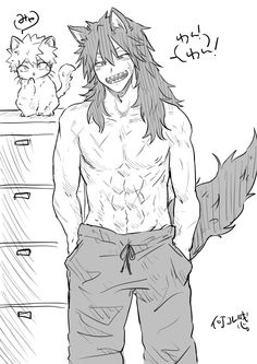 a man with long hair standing in front of a drawer and another cat sitting on top of it