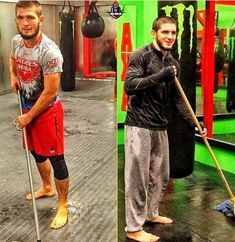 two men are in the gym, one is cleaning the floor with a mop