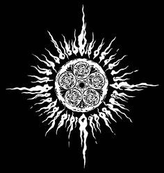 a black and white drawing of a sun with flames coming out of it's center