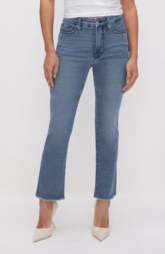 Subtle distressing and a split-pocket style bring edgy appeal to these straight-leg jeans made with stretch for all-day comfort and support. 24 1/2" inseam; 14" leg opening; 9 1/2" front rise; 13" back rise (size 4) Zip fly with button closure Five-pocket style 95% cotton, 4% elastomultiester, 1% elastane Machine wash, tumble dry Imported Black Owned/Founded Washed Blue Straight Leg Cropped Jeans With Frayed Hem, Blue Straight Jeans With Frayed Hem, Blue Jeans With Frayed Straight Hem, Straight Flare Jeans With Frayed Hem, Fall Cropped Straight Jeans With Frayed Hem, Denim Blue Straight Flare Jeans With Frayed Hem, Medium Wash Straight Cropped Jeans With Frayed Hem, Straight Cropped Jeans With Frayed Hem In Medium Wash, Blue Straight Leg Cropped Jeans With Frayed Hem