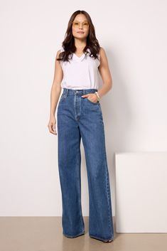 Elevate your denim collection with the Dame wide leg jean by AGOLDE. Crafted in non-stretch cotton denim, these high-rise jeans are finished in a versatile blue wash and feature a relaxed, full-length leg. | AGOLDE Women's Dame Wide Leg Jeans, Size 24, Blue High Rise Wide Leg Jeans Outfit, Wide Leg Jeans Outfits, Inside Out Style, Wide Leg Jeans Outfit, Denim Inspiration, High Rise Wide Leg Jeans, Denim Collection, Fashion 101, Jeans Outfit