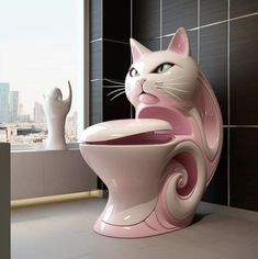 a cat statue sitting on top of a pink toilet