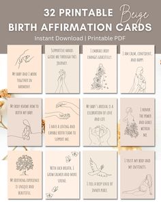 the printable baby birth affirmation cards are shown with flowers and leaves on them