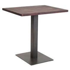 a square wooden table with metal base