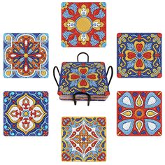 six square coasters with colorful designs on them, all in different colors and patterns