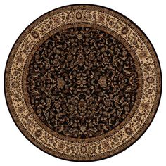 a black and brown rug with an ornate design on the center, in front of a white background