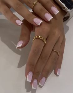 Nails For Long Nail Beds, French Tops Acrylics, Creamy Pink French Tip Nails, Pink Milky French Nails, Sqaure French Tip Nails, Pearly Pink Nails Acrylic, Homecoming Short Nails, Evettexo Nails, Short Solar Nail Designs