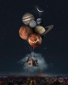 an image of planets floating in the sky with houses and buildings on it's sides