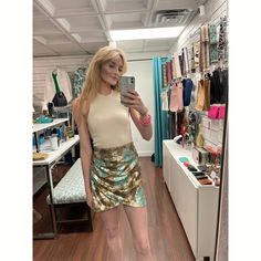 Sequin skirt with cross over front in aqua and light tan Nude Shoes, Sequin Mini Skirts, Sequin Mini, Knit Tanks, Pearl Jewelry, Side Zipper, Super Easy, Ribbed Knit, Mini Skirt