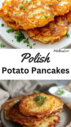 potato pancakes on a plate with parsley in the middle and an image of potatoes stacked on top