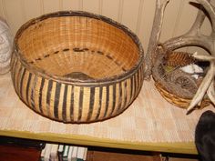 a basket sitting on top of a table next to antlers