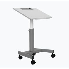 a computer desk on wheels with a white top and bottom panel is shown in this image