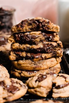 chocolate chip cookies stacked on top of each other