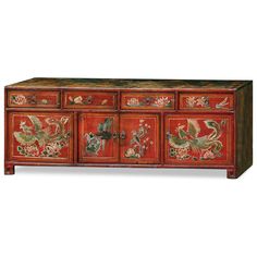 an ornately painted wooden cabinet with drawers and doors on each side, decorated with flowers and birds