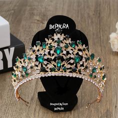 Material:Rhinestone, Crystal 👑Surface length of 15.5 cm and a crown height of 7.3 cm - Weight:133 g Black Friday & Christmas, End of the year Final sale 🎁  (Limited Stock!) 🍓PROMO 1: Buy ANY Headpiece get a $22 Nail set For FREE  🍓PROMO 2: Buy total over $99 GET a $50 Crown For FREE  🎊 (Random Surprise Present Pack - Handpicked Mystery Items, Ideal for Gift-Giving, Delightful Surprise with Every Order) 👑Luxury bridal Crown encrusted with crystals, this royal wedding headpiece is perfect fo Green Tiara, Dream Quinceanera, Bride Headdress, Crown Queen, Bride Crown, Crown Gold, Tiara Wedding, Gold Tiara, Crystal Green