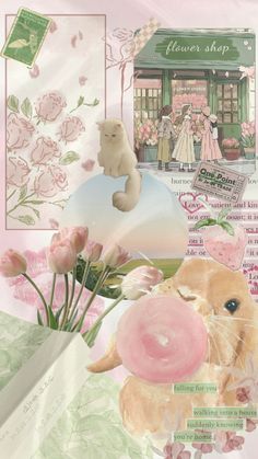 a collage with pink flowers and an image of a teddy bear