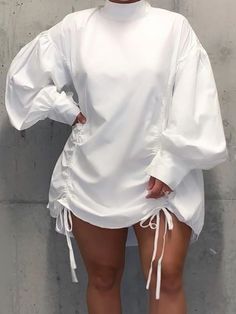 LW Plus Size Dresses Half A Turtleneck Fold Design Shirt Dress Lantern Sleeve Loose Mock Neck Loose Shirt Dress, Stylish Midi Dress, Style Bleu, Mandarin Collar Shirt, Mode Kimono, White Fashion Casual, Collared Shirt Dress, Lantern Sleeve Dress, Pleated Mini Dress