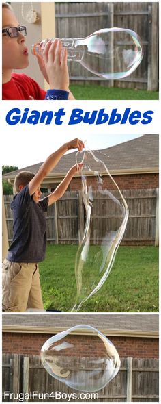 a boy is blowing bubbles in the air with his hands and holding onto a plastic bottle