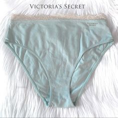 Cream Lace Trim Mint Colored High Leg Cotton Brief Panty, With Gold Metallic Logo Victoria's Secret High Waist Loungewear Bottoms, Victoria's Secret Stretch Bottoms For Daywear, Victoria's Secret Brief Bottoms For Loungewear, Mint Color, New Green, Cream Lace, Green Cream, High Leg, Metallic Logo