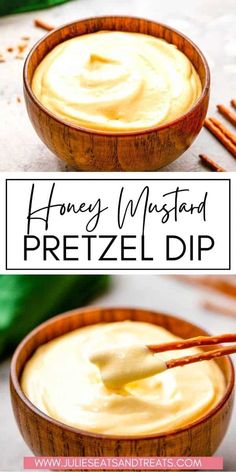 a wooden bowl filled with honey mustard pretzel dip on top of a table