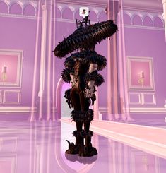 an animated image of a woman with feathers on her head and legs, standing in a purple room