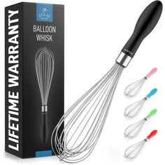 the kitchen whisk is in front of its box and it's packaging