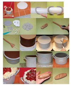 there are many pictures of different things in the same photo, including baking utensils and cake decorating supplies