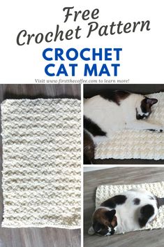 the crochet cat mat is made with yarn and has a black and white cat sleeping on it