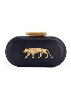 Black oval-shaped clutch with gold-tone signature Royal Bengal Tiger carved logo. Comes with detachable chain. - Aza Fashions Royal Bengal Tiger, Gold Mandala, Logo Type, Bengal Tiger, Luxury Sale, Handbags Online, Black Handbags, Festival Wear, Clutch Handbag