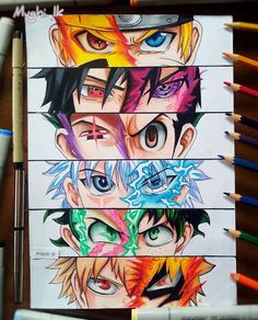 an image of some anime characters on a piece of wood with colored pencils next to it