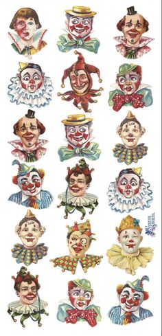 an image of clowns with different facial expressions on their faces and body, including the head