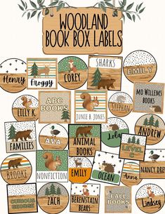 woodland book box labels with animals and trees