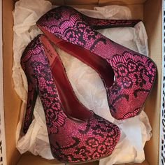 Never Worn New In Box Pumps. Pink Lace-up Heels For Night Out, Black Lace Heels, Cheetah Print Heels, Ankle Wrap Heels, Tights And Heels, Hot Pink Heels, Pointy Heels, Pointy Toe Heels, Neon Aesthetic