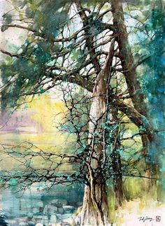 a painting of a tree with water in the background