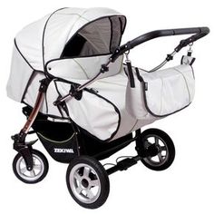 the baby stroller is white and has black wheels