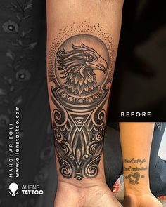 an eagle tattoo on the arm before and after it has been done by alienstattoo