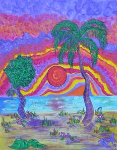 a painting of two palm trees on the beach