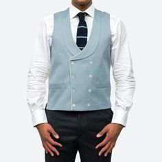 NEW !! DOUBLE BREASTED MIST COTTON WAISTCOAT WITH PIPING Flower Palette, Blue Waistcoat, Double Breasted Waistcoat, Wedding Suit, The Groom, Shawl Collar