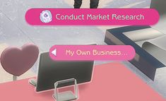 a computer screen with the words conduct market research and an image of a woman standing in front of a desk