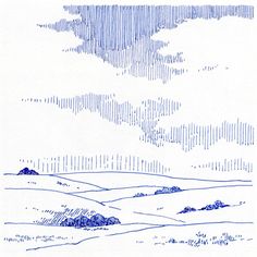 an ink drawing of a landscape with hills and clouds