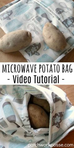 two potatoes sitting in a bag on top of a wooden table with the words microwave potato bag