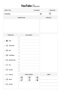 a white and black printable planner with the words youtube, flix, and other items