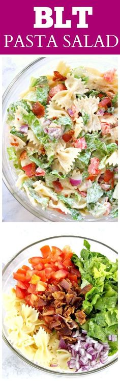 two plates filled with different types of salads and the words blt pasta salad