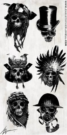 several different types of skulls and hats on a white sheet with the words, skull head tattoos