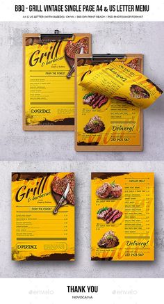 three different menus with food items on them and the words grill written in yellow