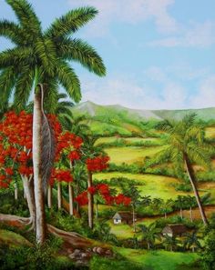 a painting of a tropical landscape with palm trees and red flowers in the foreground