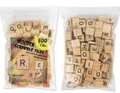 two bags of wooden scrabble tiles in plastic