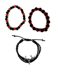 Includes: 3 Bracelets Length: 8" Material: Wood, base metal, faux leather, acrylic Adjustable Jewelry Care: Wipe clean or use Spencer's Jewelry Wipes Imported Note: Do not use any harsh, alcohol-based chemicals as this may cause tarnishing This is a decorative item and should not be worn to sleep Casual Black Beaded Bracelets, Casual Red Leather Bracelet As Gift, Casual Red Bracelet, Red Deer, Adjustable Jewelry, Deer Head, Material Wood, Base Metal, To Sleep