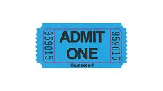 a blue ticket with the words admit one in black and pink on it, against a white background