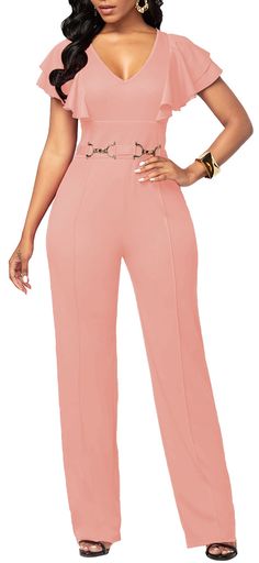 Olivia Mark - Sophisticated Casual Long-Sleeve Collared Jumpsuit Fitted Wide Leg Jumpsuit Or Romper In Solid Color, Elegant Pink High-waist Jumpsuits And Rompers, Elegant High Waist Pink Jumpsuits And Rompers, Solid High-waisted Spring Jumpsuits And Rompers, Formal High Waist Solid Jumpsuit Or Romper, Formal High Waist Solid Jumpsuit, Formal High-waist Jumpsuits And Rompers For Spring, Spring Formal High Waist Jumpsuits And Rompers, Fitted Pink Wide Leg Jumpsuit